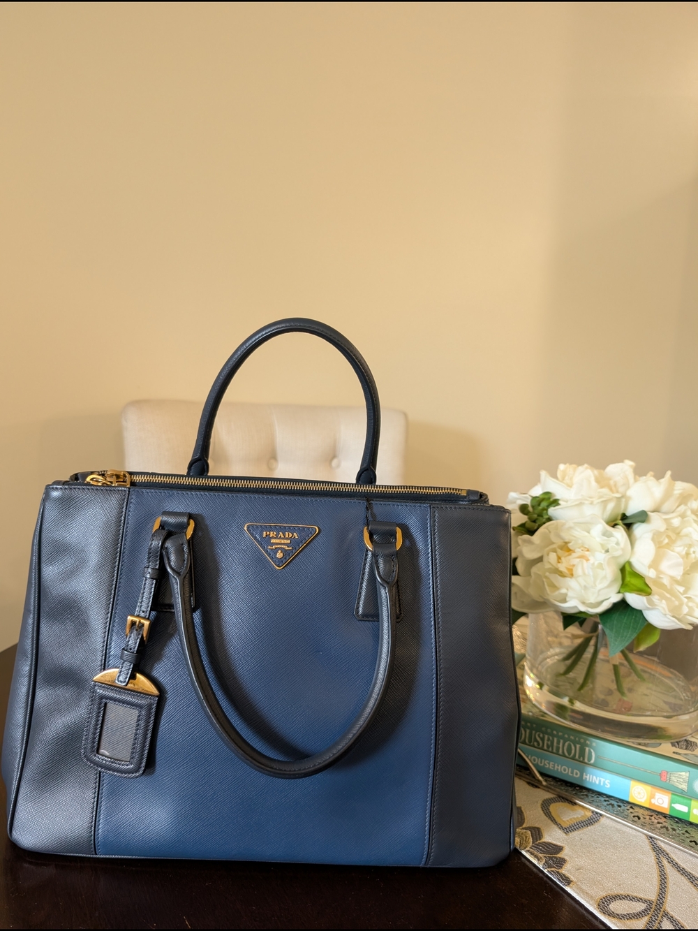 Prada Navy Saffiano Leather Tote with Gold Hardware - Picture 7 of 16